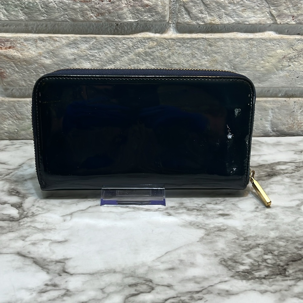 Tory Burch Midnight Blue Patent Leather Zip Continental Wallet Tory Logo GUC - Picture 3 of 13